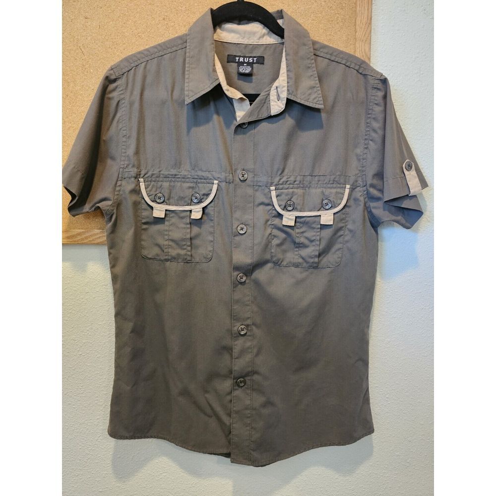 Trust Men's Button-up Shirt Army Green W/ Khaki‎ Sz Medium
